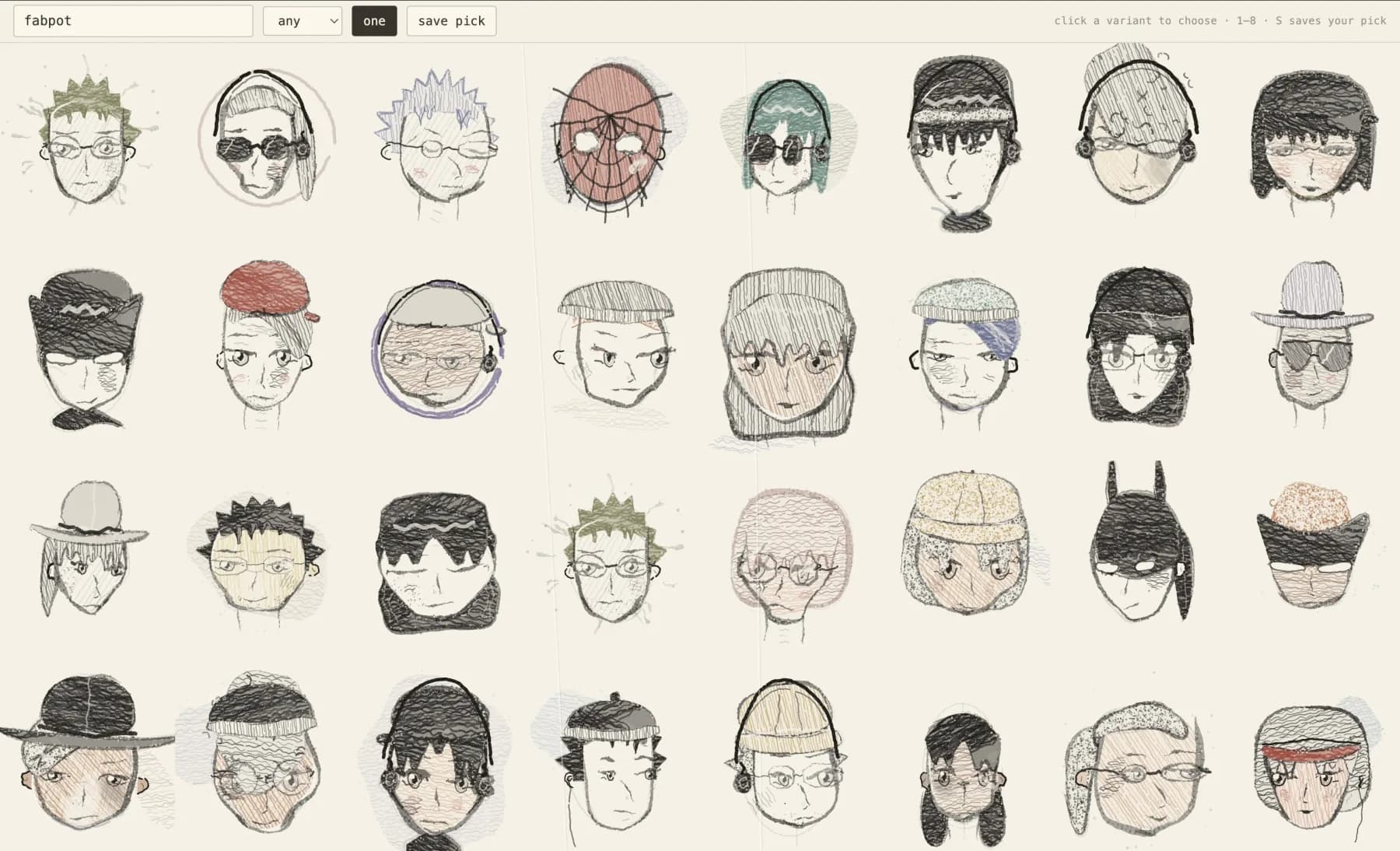 A grid of 32 generated graphite portraits on cream paper, wearing hats, glasses and headphones