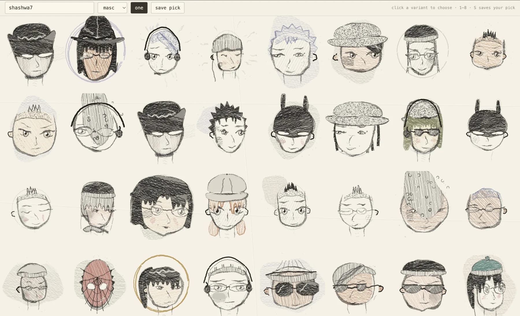 A grid of generated portraits after the fixes, showing varied hair, hats, glasses and masks