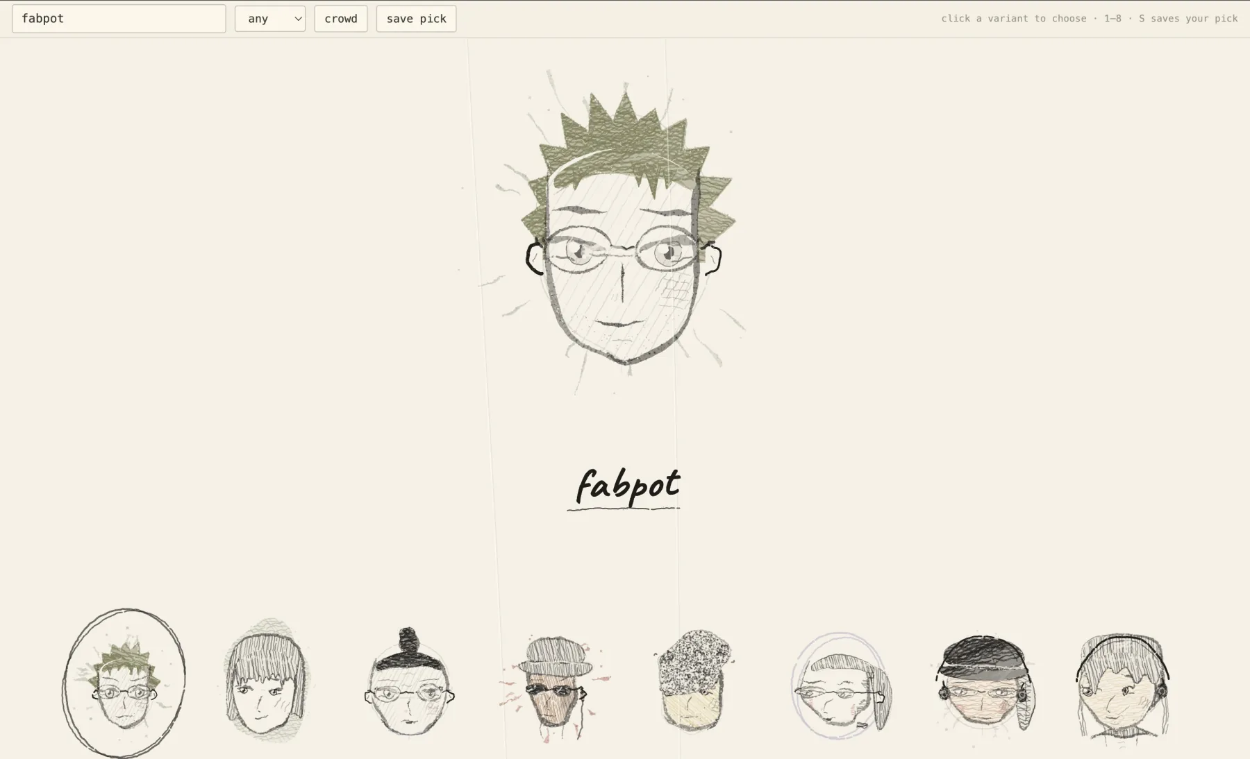 The picker interface: one large portrait above a strip of eight smaller variants to choose between