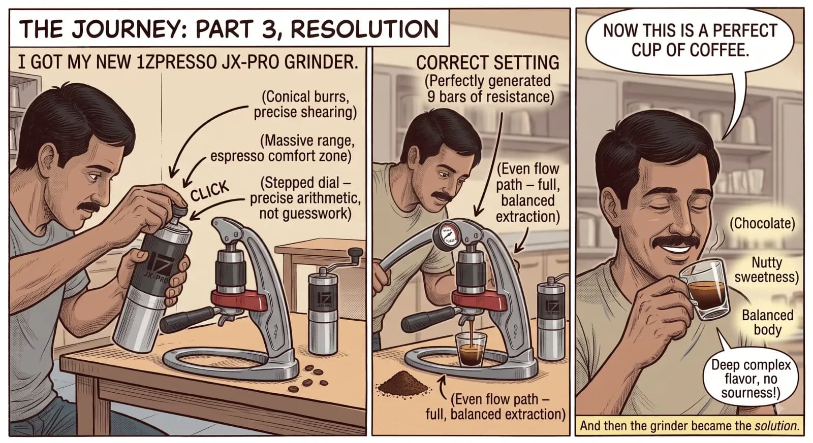 Three panels. Setting the clicks on a 1Zpresso JX-Pro hand grinder, noting its conical burrs and stepped dial. Then pulling a shot where the pressure gauge finally reads nine bars because the coffee bed is providing resistance. Then drinking it, tasting chocolate and nutty sweetness with no sourness.