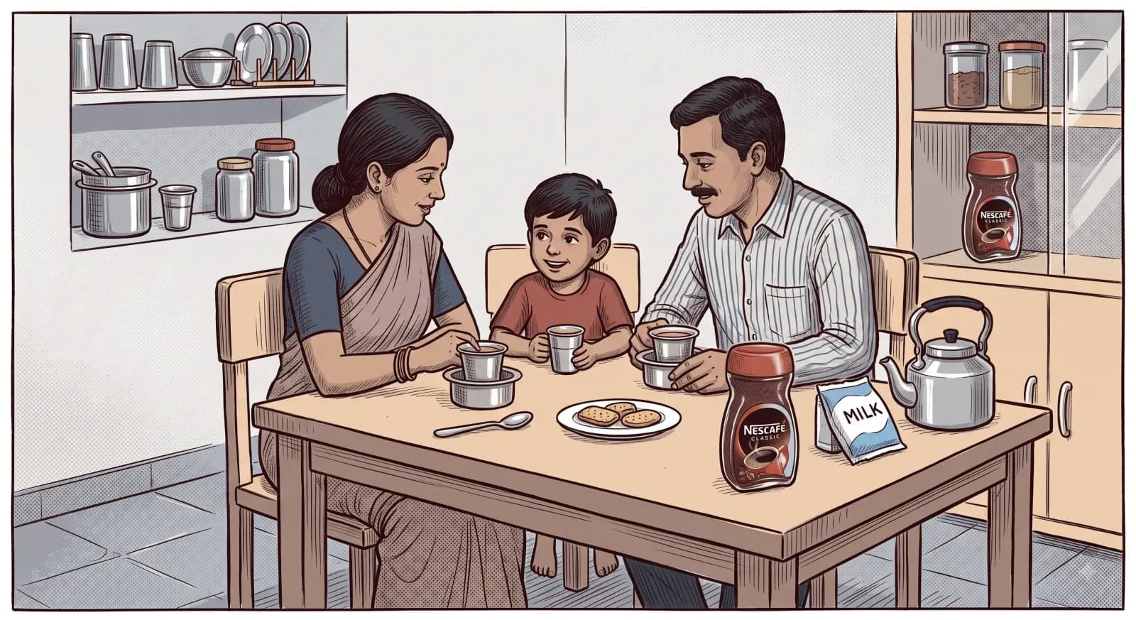 A family at a kitchen table with steel tumblers of coffee, biscuits on a plate, a kettle, a carton of milk and a jar of Nescafé Classic.