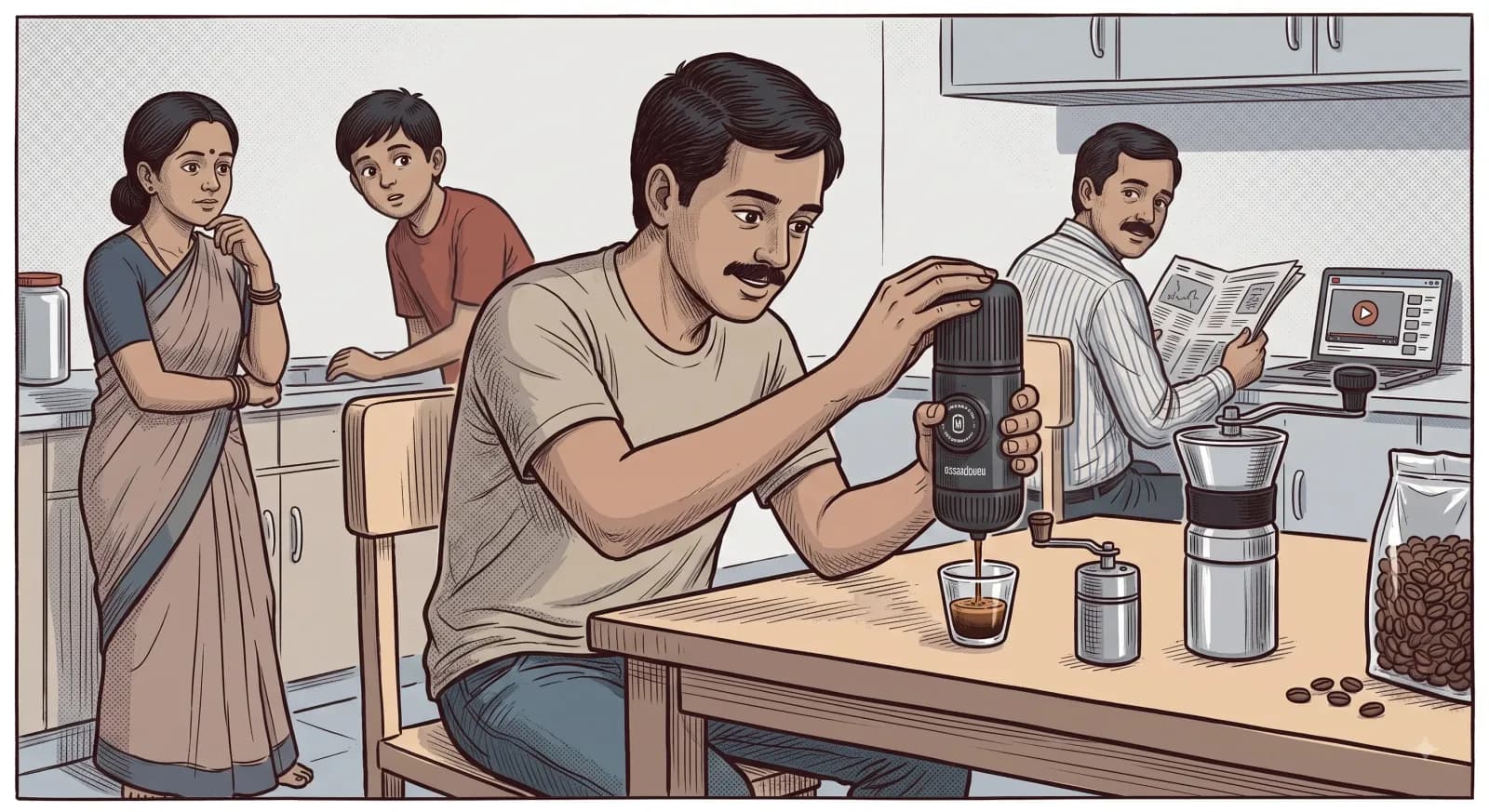 A man at a kitchen table pressing a Nanopresso hand pump into a small glass, a hand grinder and a bag of beans beside him, a coffee video playing on a laptop behind, and family watching with mild bemusement.