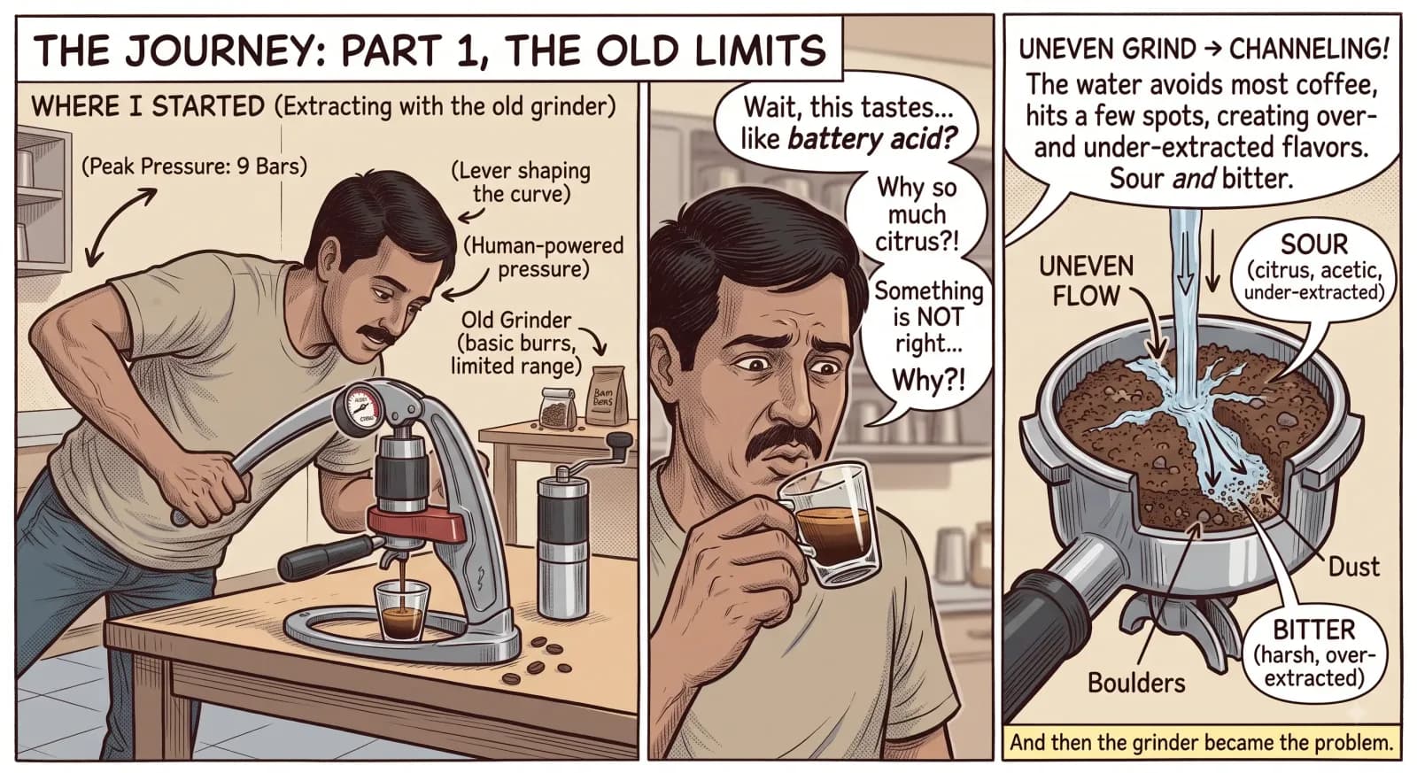 Three panels. Pulling a lever press with a basic grinder beside it, labelled peak pressure nine bars and limited range. Then tasting the shot and asking why it is so sour. Then a cut-away of the coffee basket where water carves a channel through an uneven bed of boulders and dust, giving sour and bitter at once.