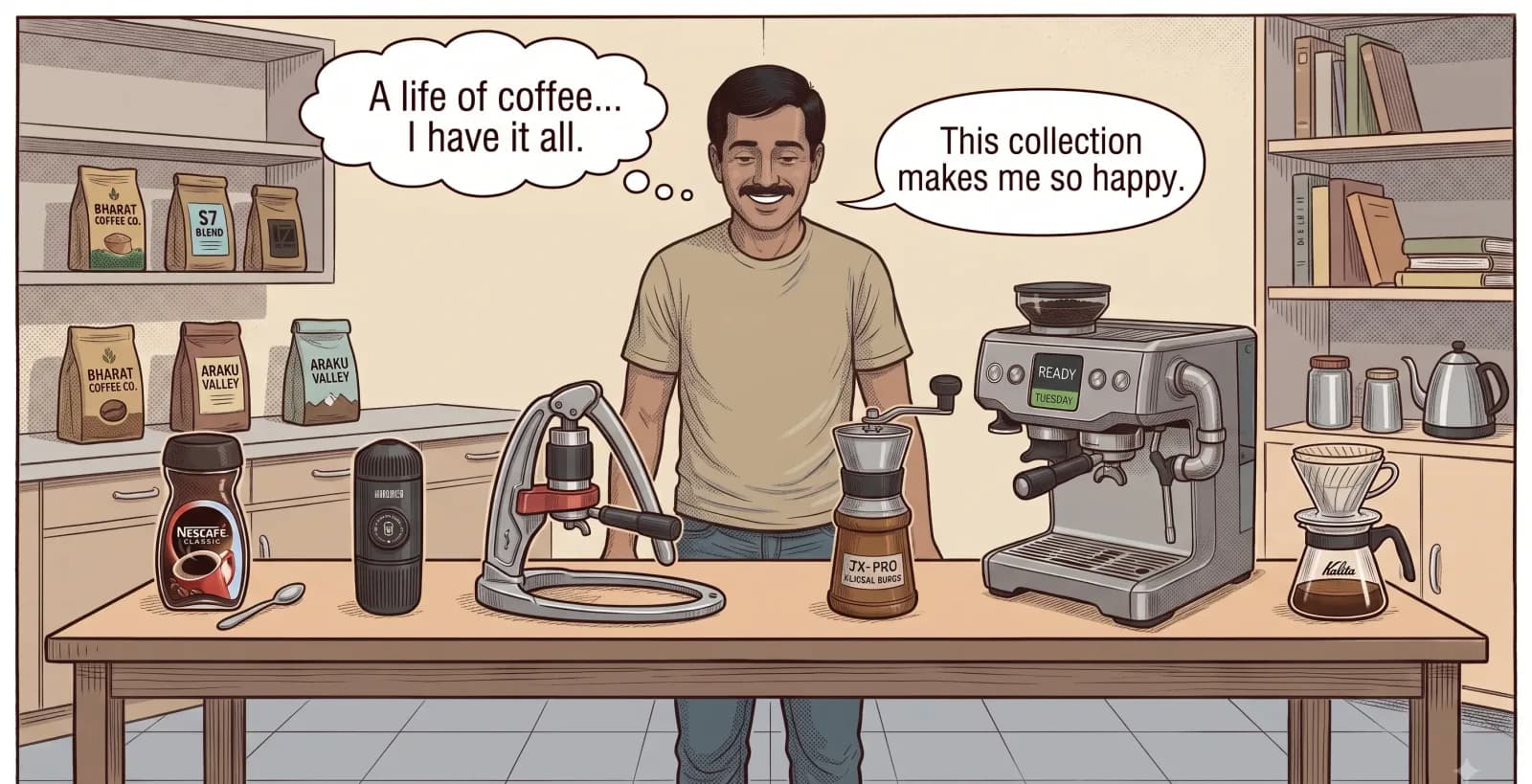 A kitchen counter lined up with, left to right, a jar of Nescafé, a Nanopresso hand pump, a Flair lever press, a JX-Pro hand grinder, a semi-automatic espresso machine and a Kalita pour over set, with bags of Indian coffee on the shelves behind.