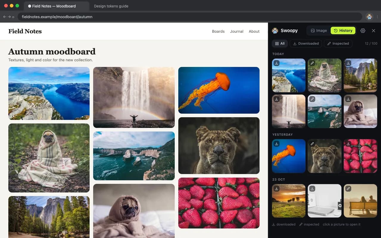 Swoopy's History tab, a gallery of saved images grouped by day